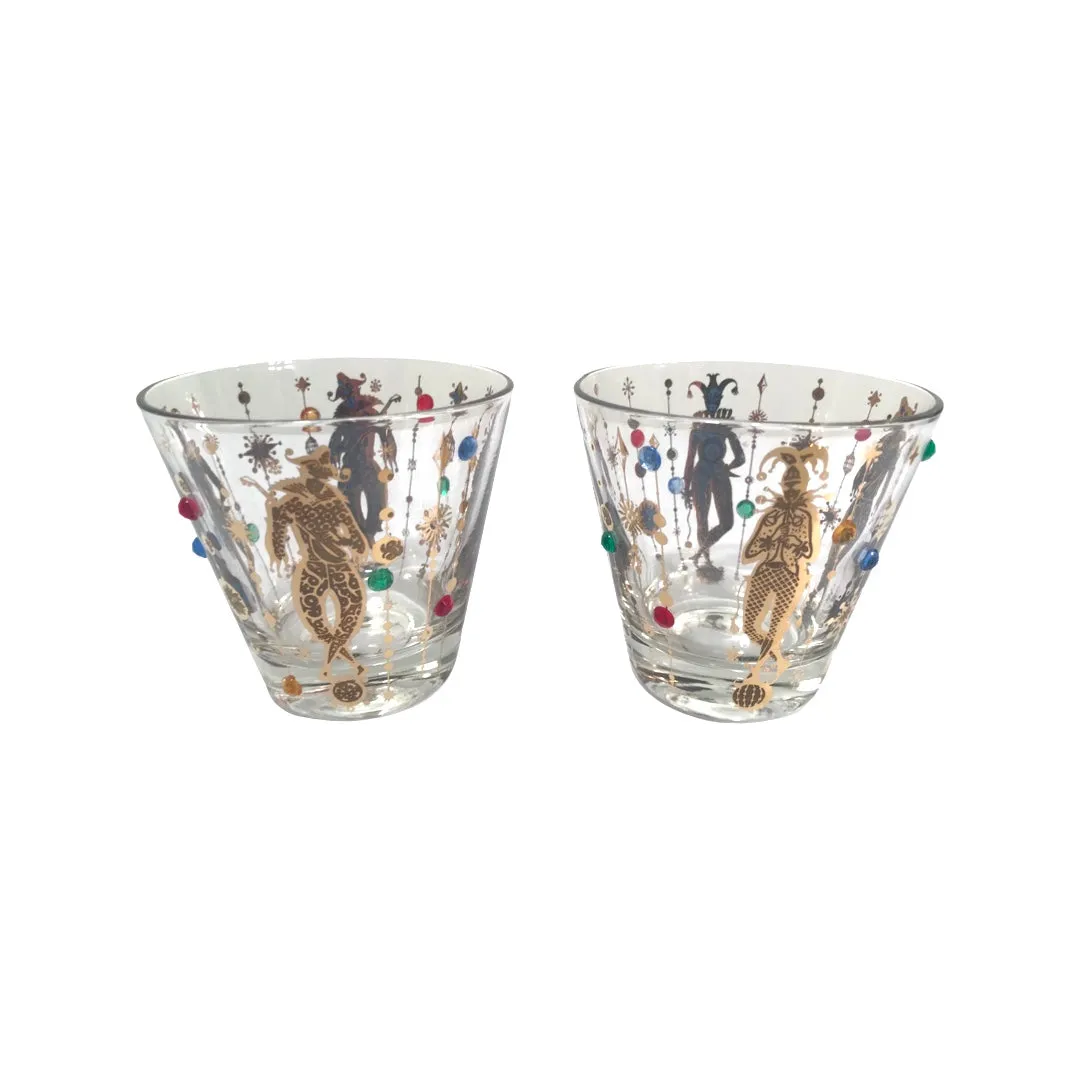 Culver Mid-Century Mardi Gras Jester With Jewels Old Fashion Glasses (Set of 2)