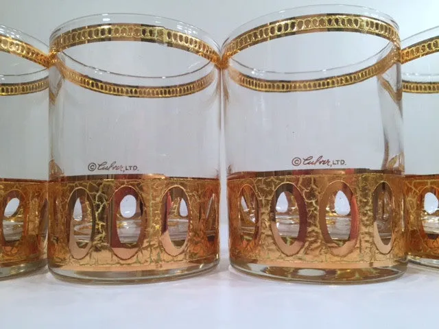 Culver Signed Antigua Mid-Century 22-Karat Gold Double Old Fashion Glasses (Set of 4)