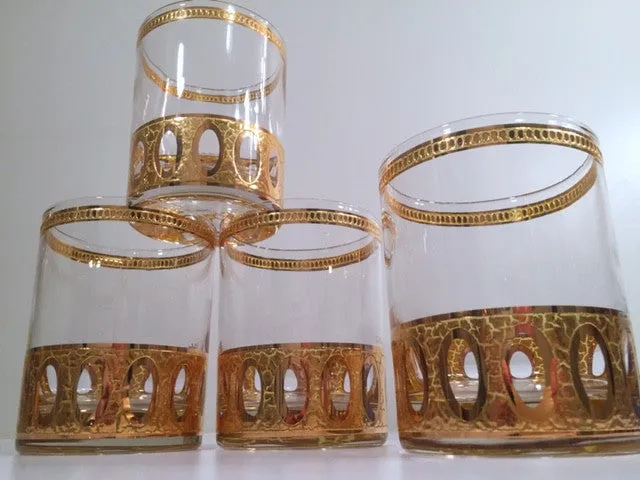 Culver Signed Antigua Mid-Century 22-Karat Gold Double Old Fashion Glasses (Set of 4)