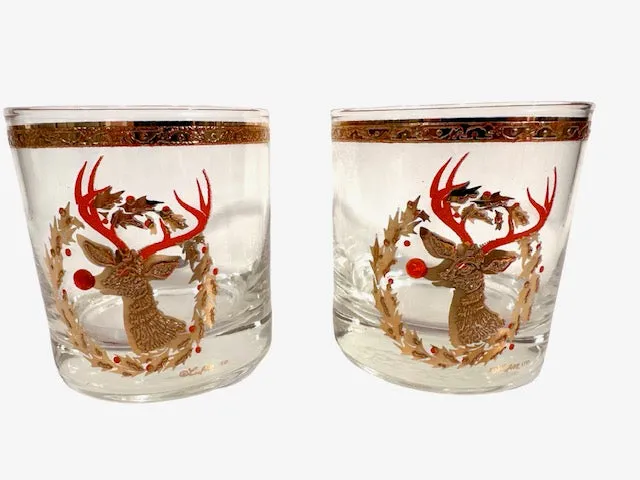 Culver Signed Mid-Century Rudolph The Red Nose Reindeer Old Fashion Glasses (Set of 2)