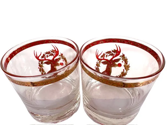 Culver Signed Mid-Century Rudolph The Red Nose Reindeer Old Fashion Glasses (Set of 2)