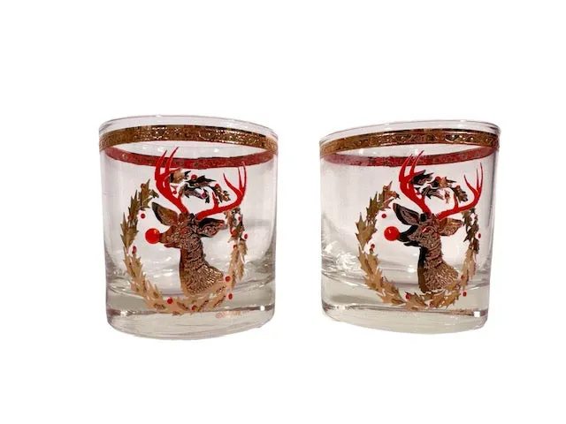 Culver Signed Mid-Century Rudolph The Red Nose Reindeer Old Fashion Glasses (Set of 2)