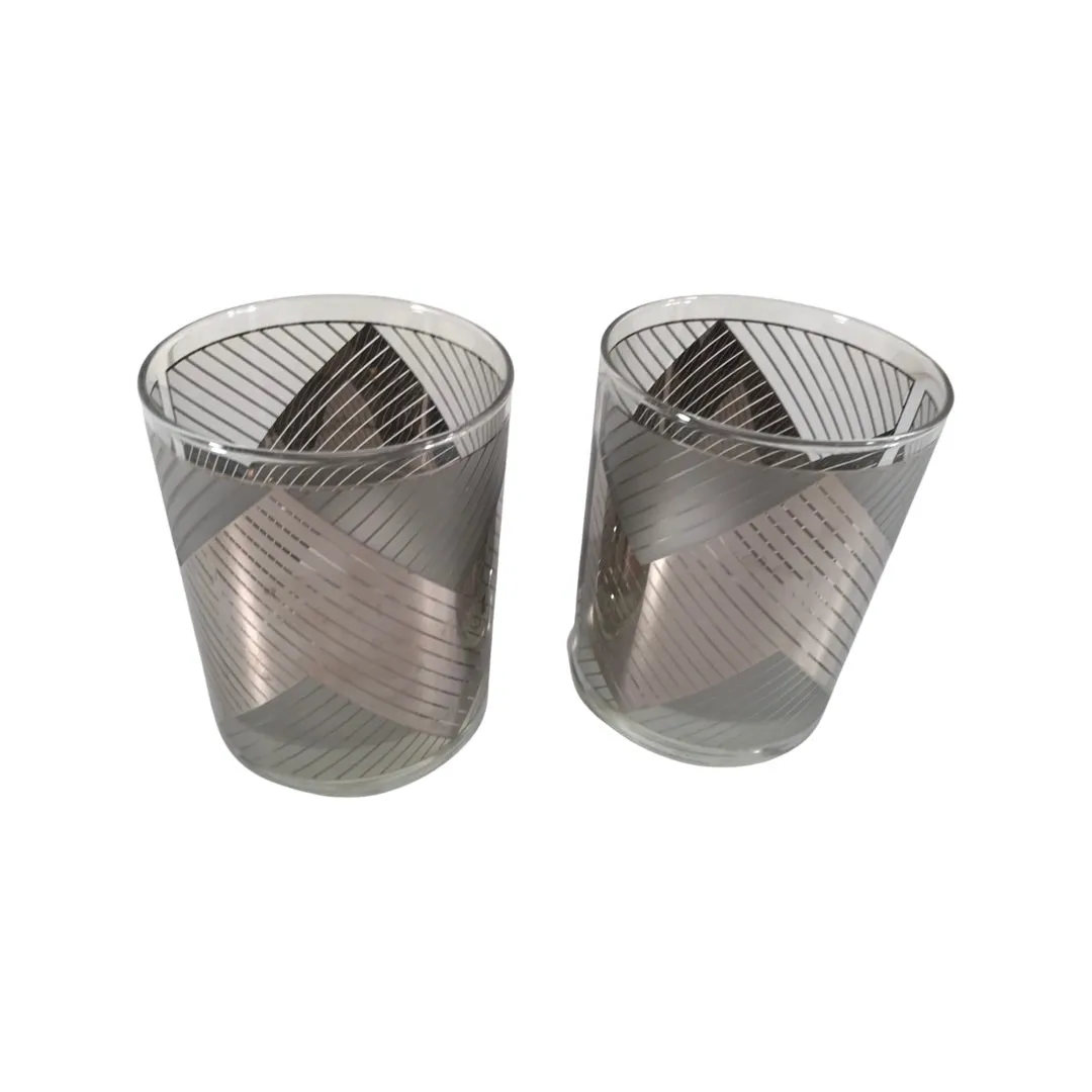 Culver Signed Mid-Century Silver Images Chevron Double Old Fashion Glasses (Set of 2)