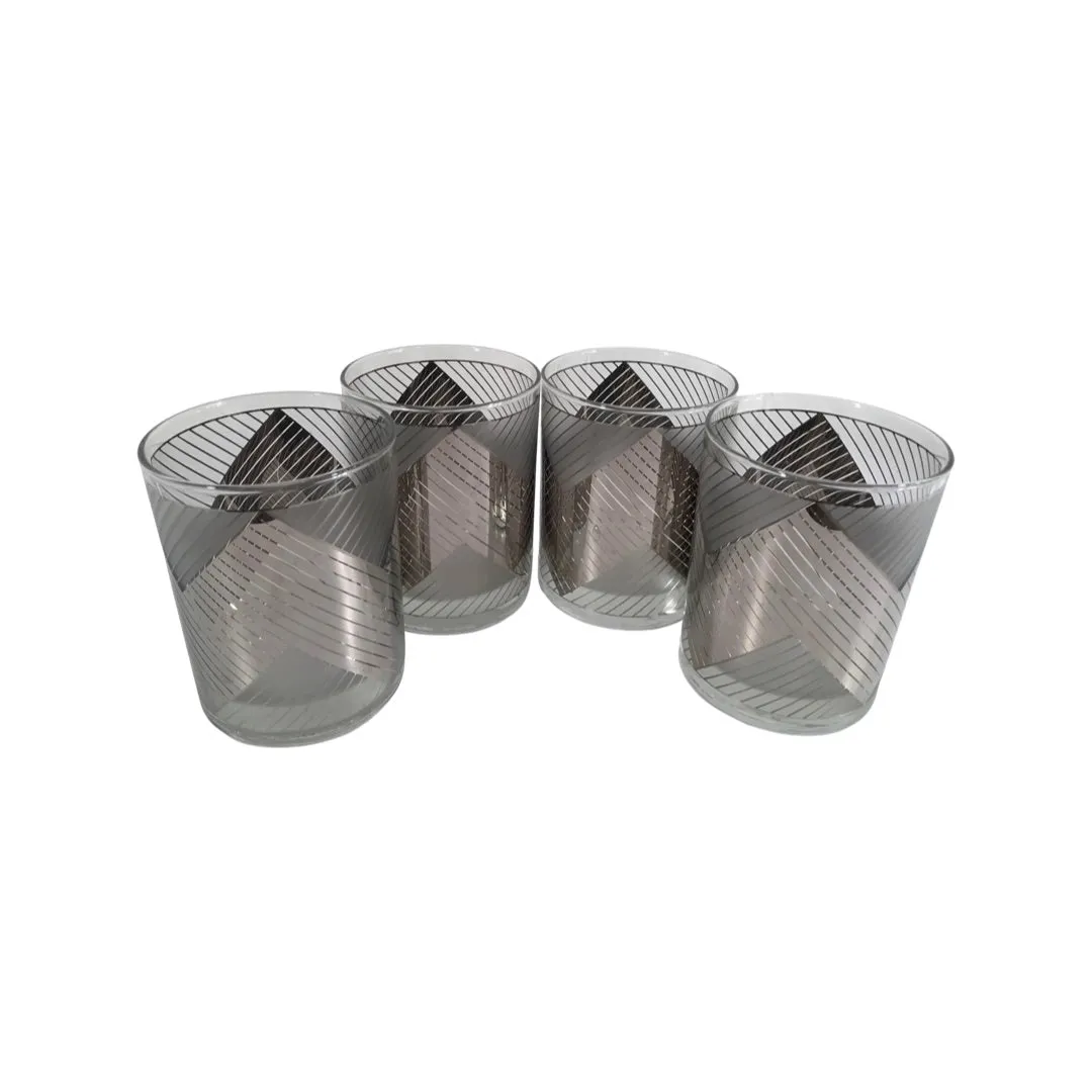 Culver Signed Mid-Century Silver Images Chevron Double Old Fashion Glasses (Set of 4)