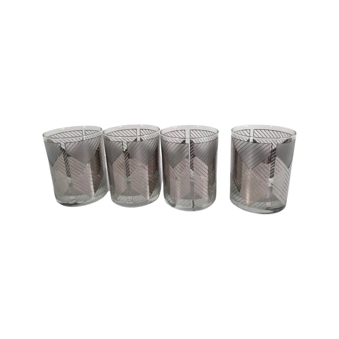 Culver Signed Mid-Century Silver Images Chevron Double Old Fashion Glasses (Set of 4)