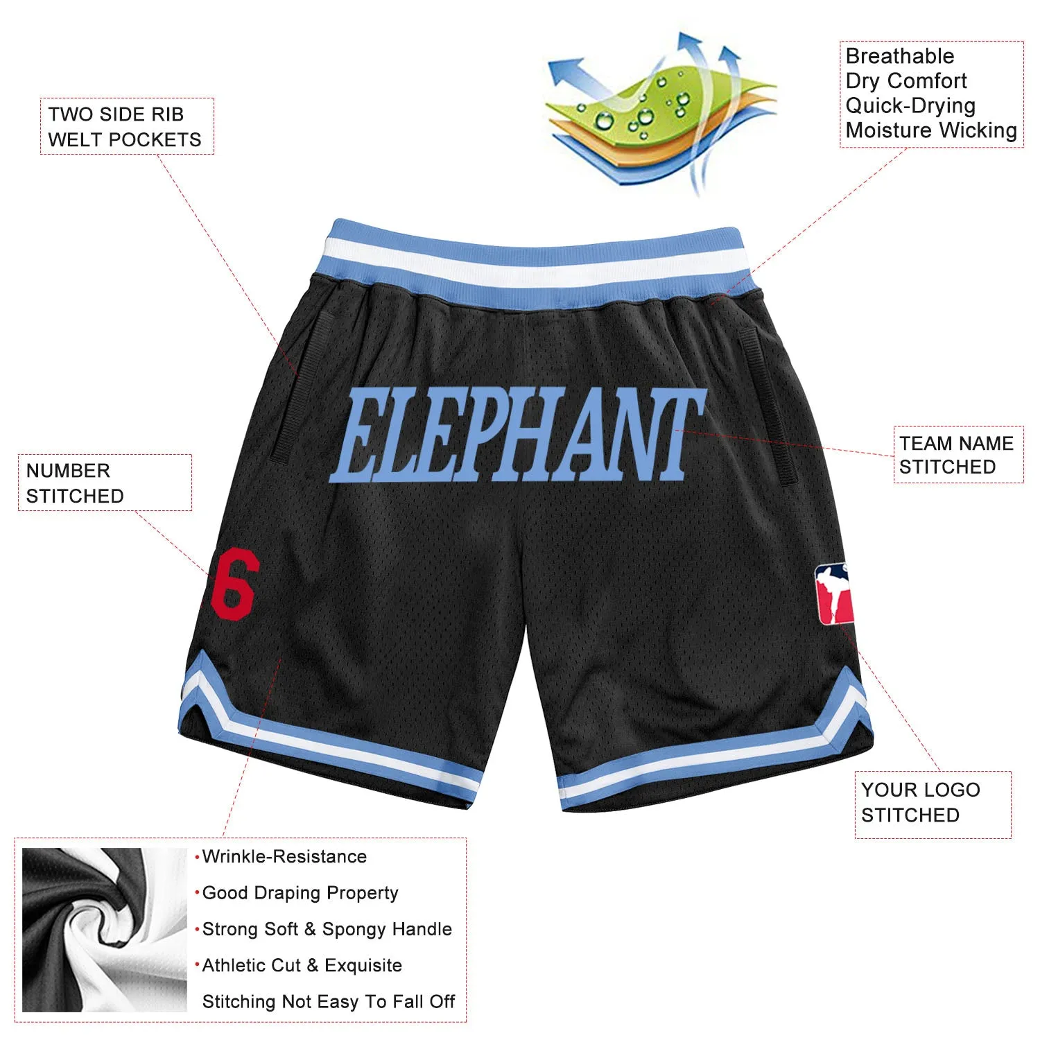 Custom Black Light Blue-Red Authentic Throwback Basketball Shorts