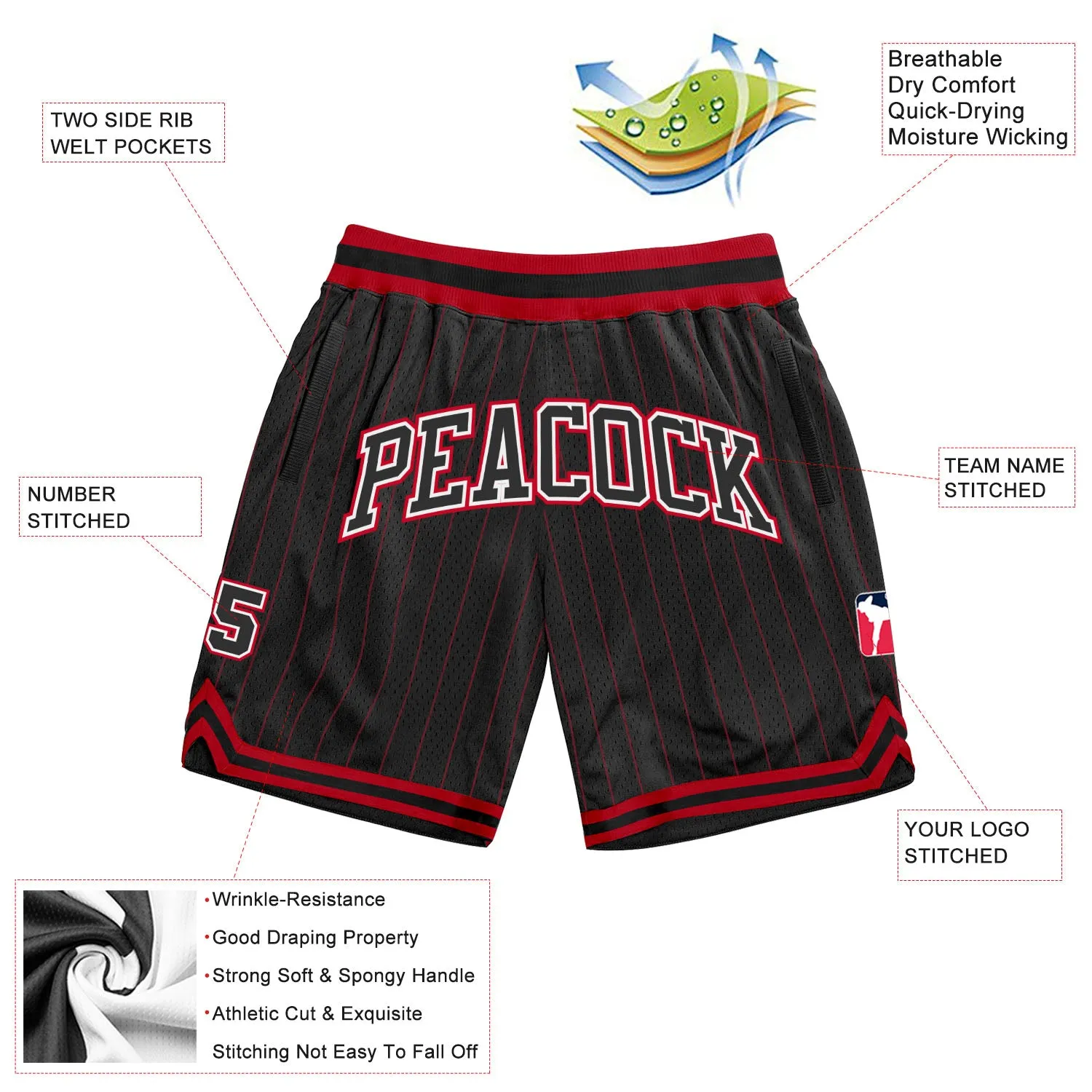 Custom Black Red Pinstripe Black-White Authentic Basketball Shorts