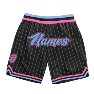 Custom Black White Pinstripe Light Blue-Pink Authentic Basketball Shorts