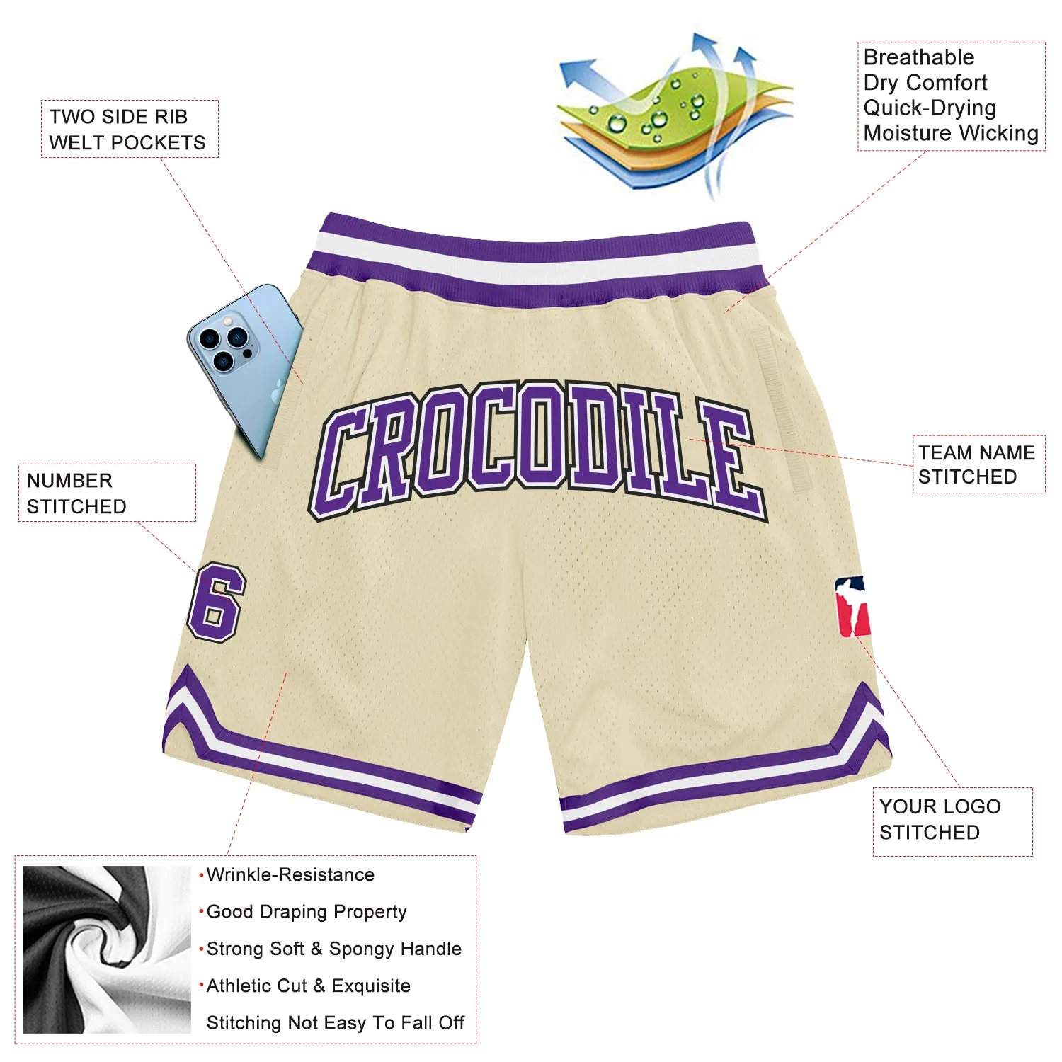 Custom Cream Purple-Black Authentic Throwback Basketball Shorts