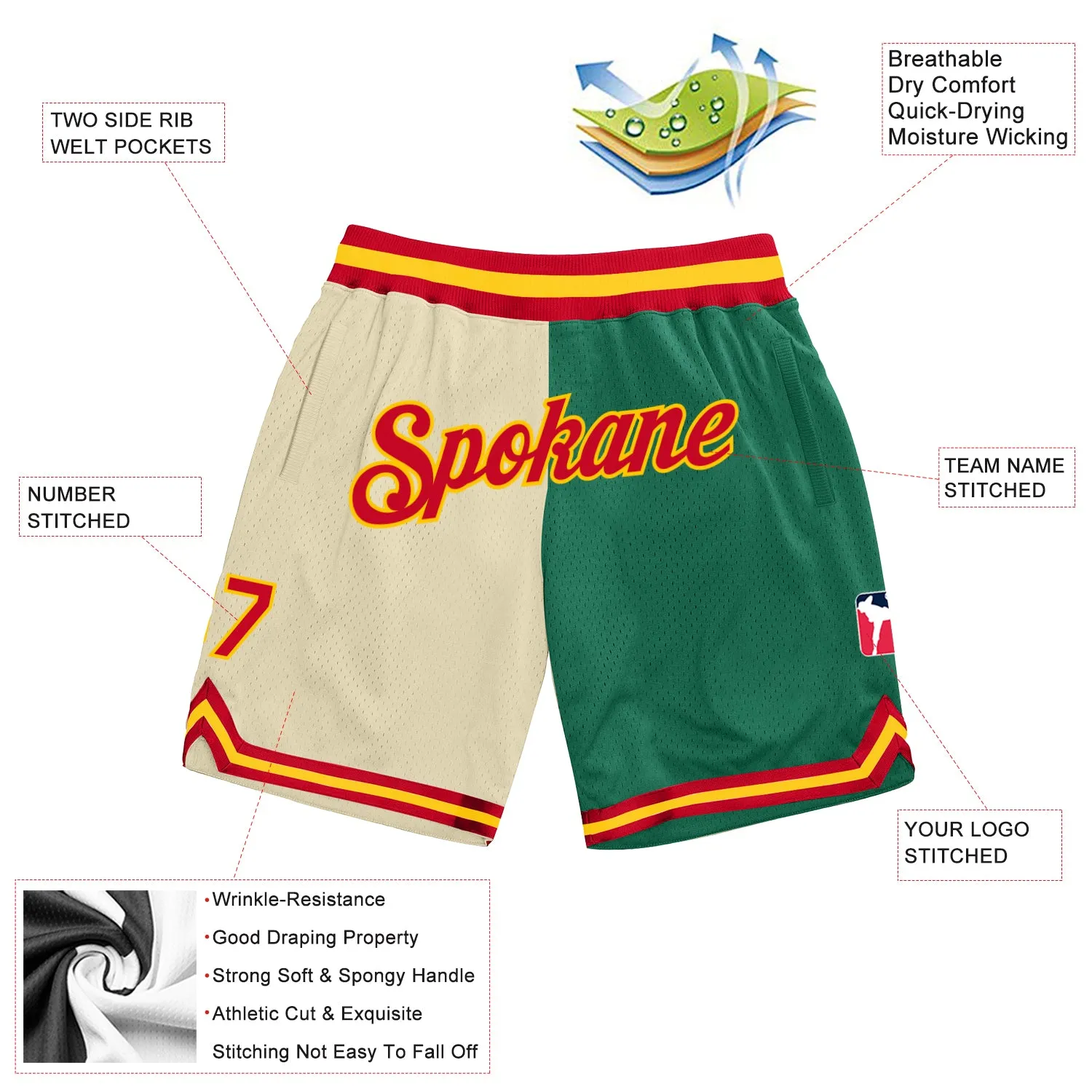 Custom Cream Red-Kelly Green Authentic Throwback Split Fashion Basketball Shorts