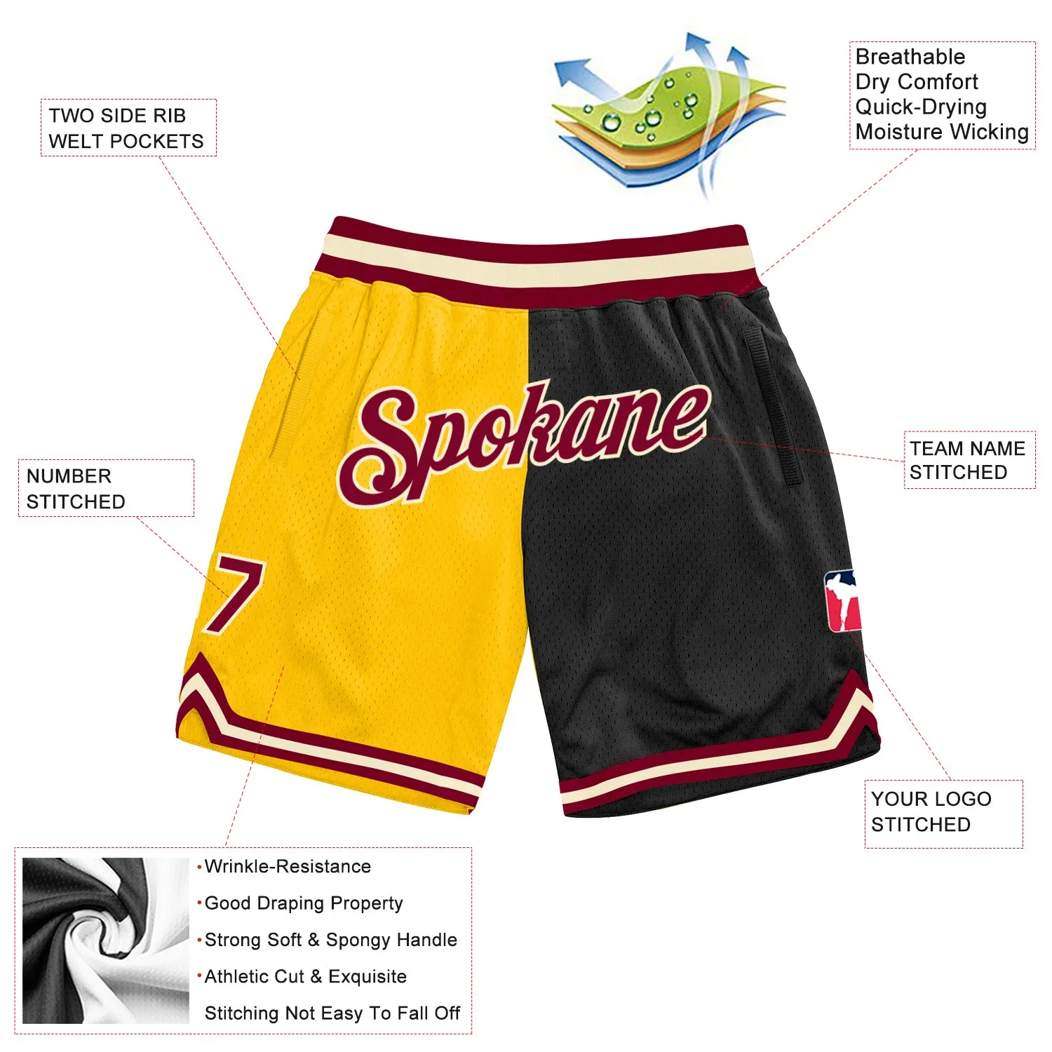 Custom Gold Maroon-Black Authentic Throwback Split Fashion Basketball Shorts