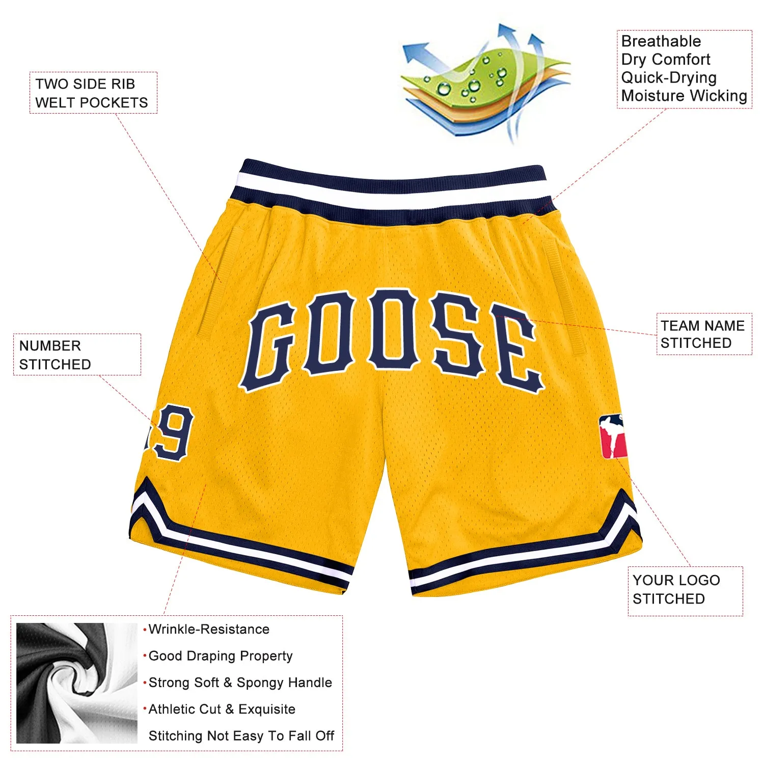 Custom Gold Navy-White Authentic Throwback Basketball Shorts