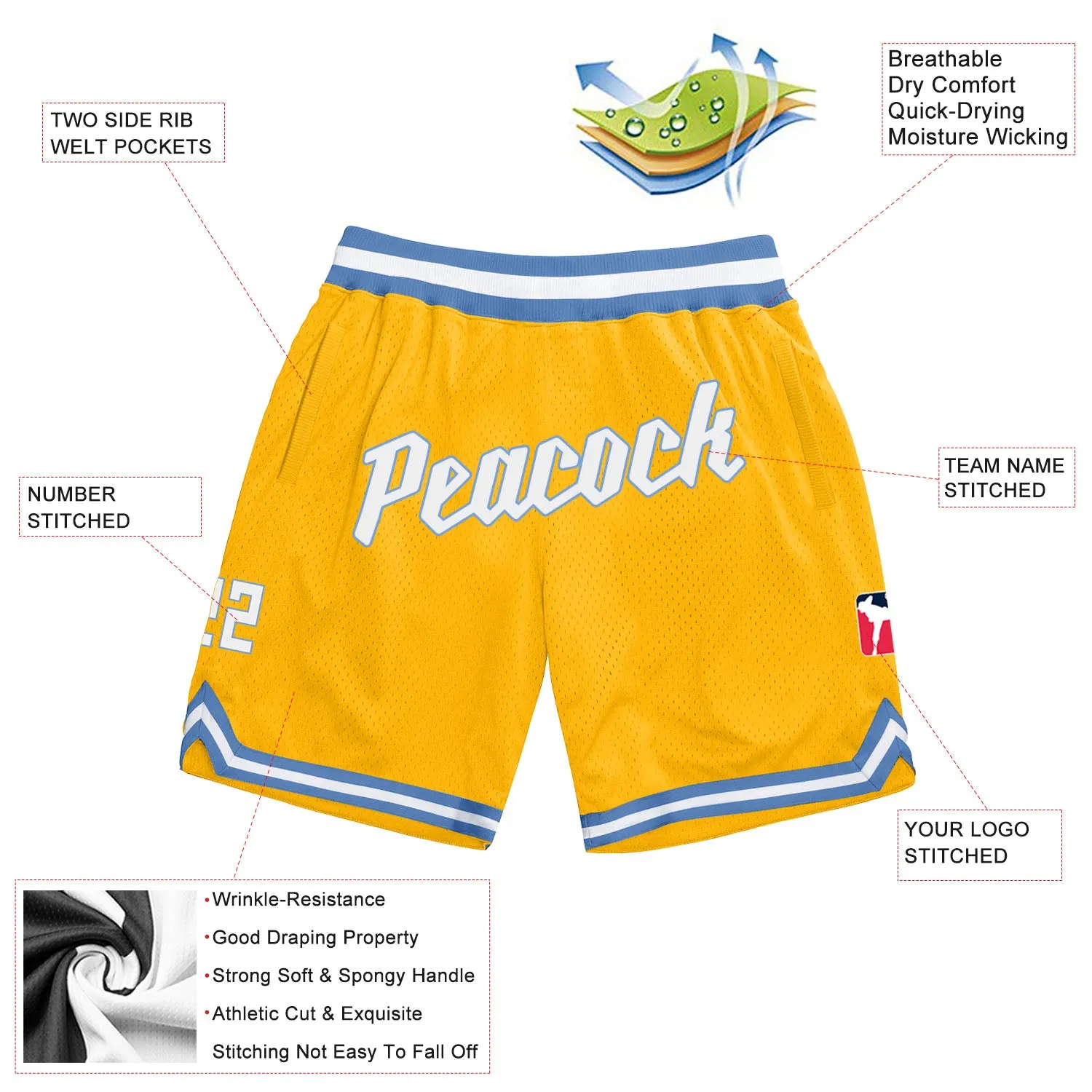 Custom Gold White-Light Blue Authentic Throwback Basketball Shorts