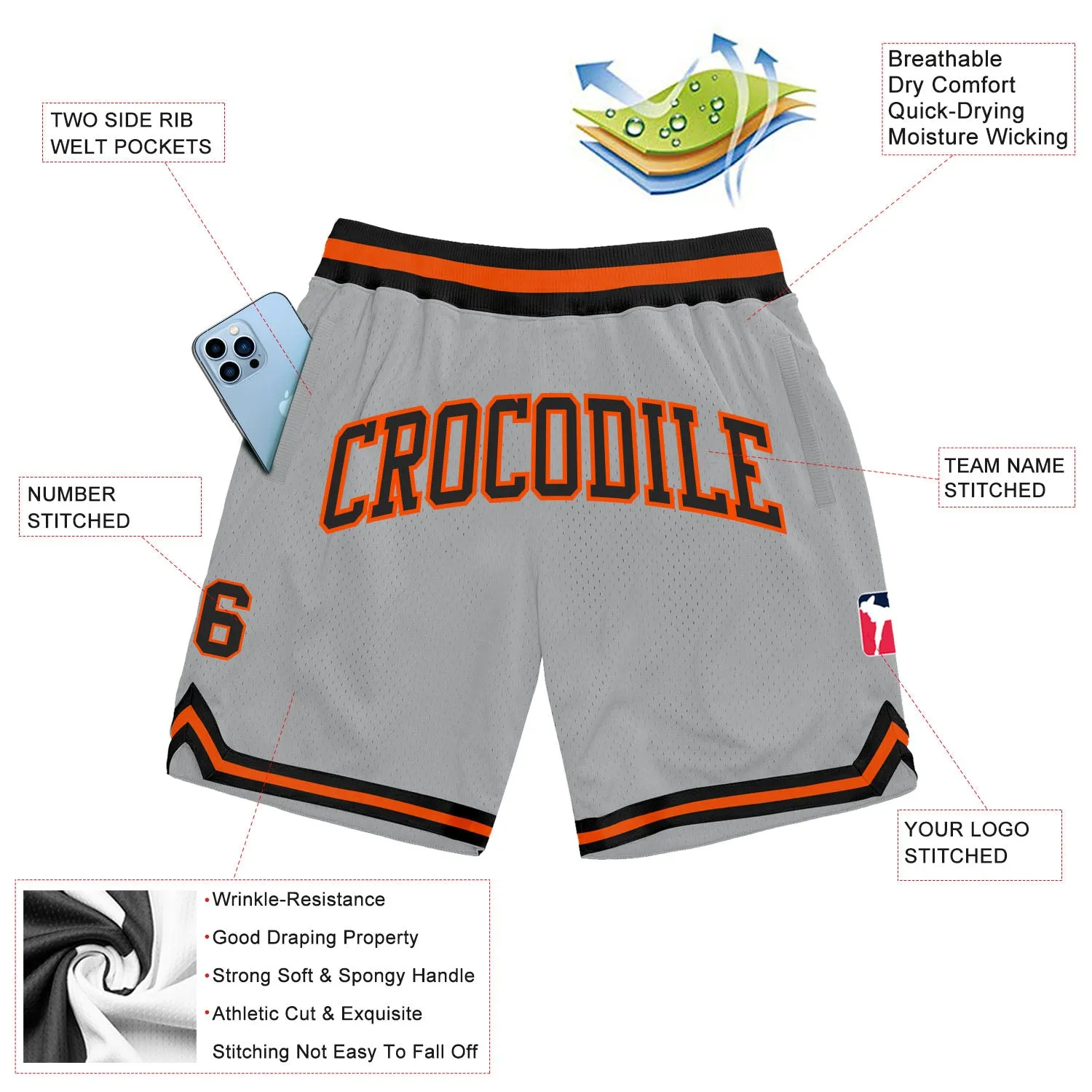 Custom Gray Black-Orange Authentic Throwback Basketball Shorts