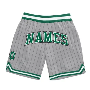 Custom Gray Black Pinstripe Kelly Green-White Authentic Basketball Shorts