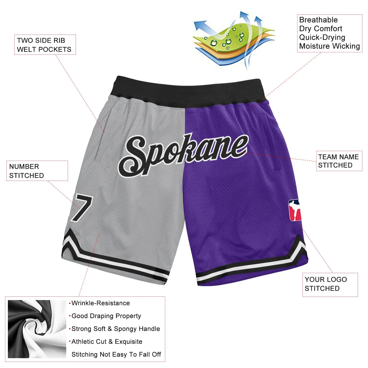 Custom Gray Black-Purple Authentic Throwback Split Fashion Basketball Shorts