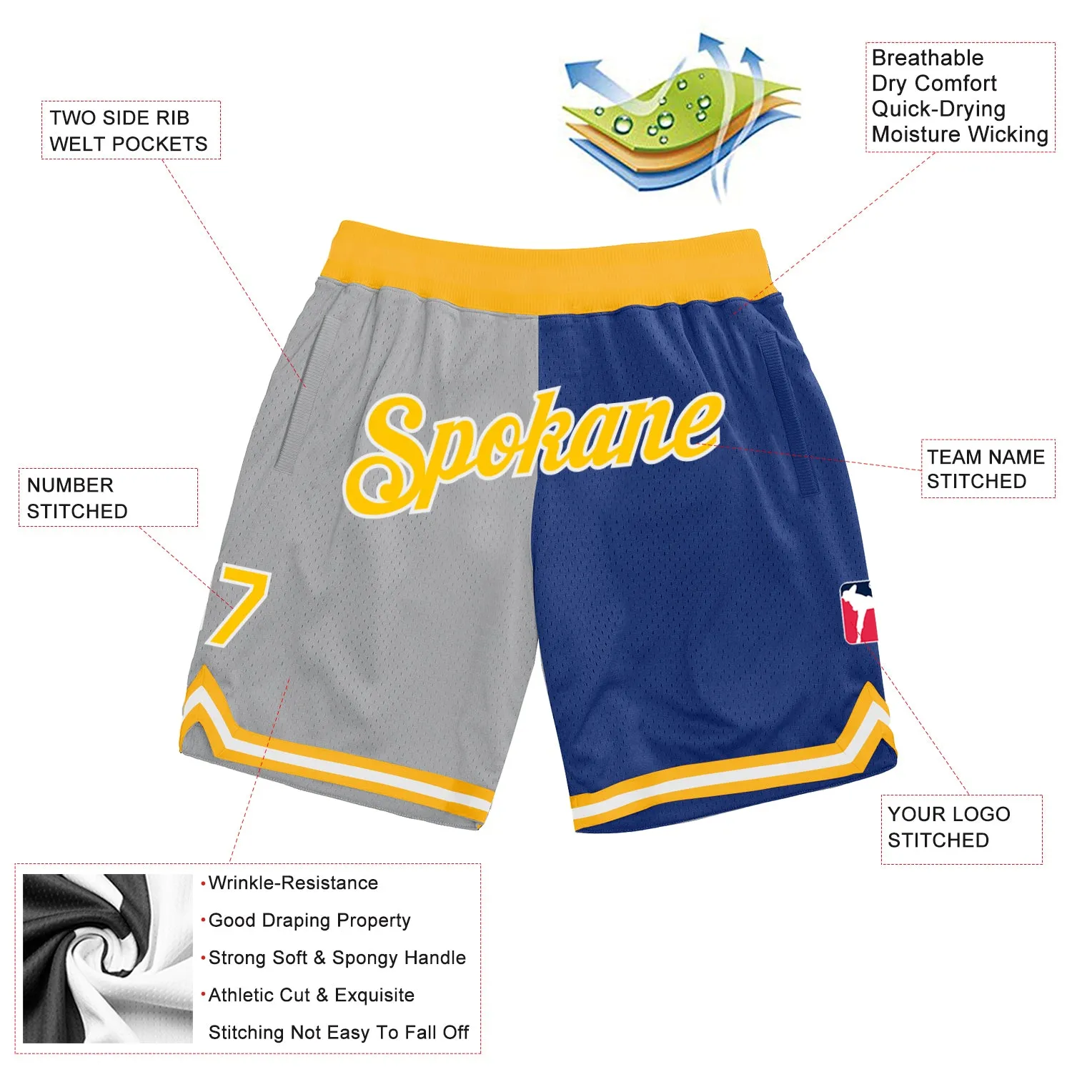 Custom Gray Gold-Royal Authentic Throwback Split Fashion Basketball Shorts