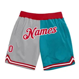 Custom Gray Red-Teal Authentic Throwback Split Fashion Basketball Shorts