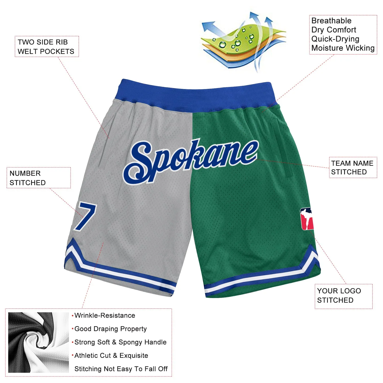 Custom Gray Royal-Kelly Green Authentic Throwback Split Fashion Basketball Shorts