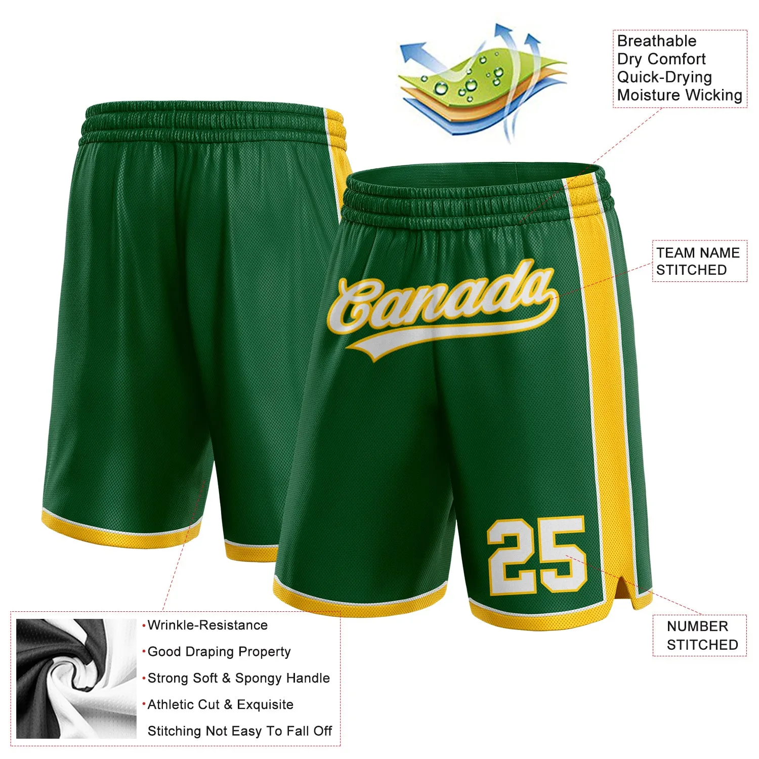 Custom Kelly Green White-Yellow Authentic Basketball Shorts