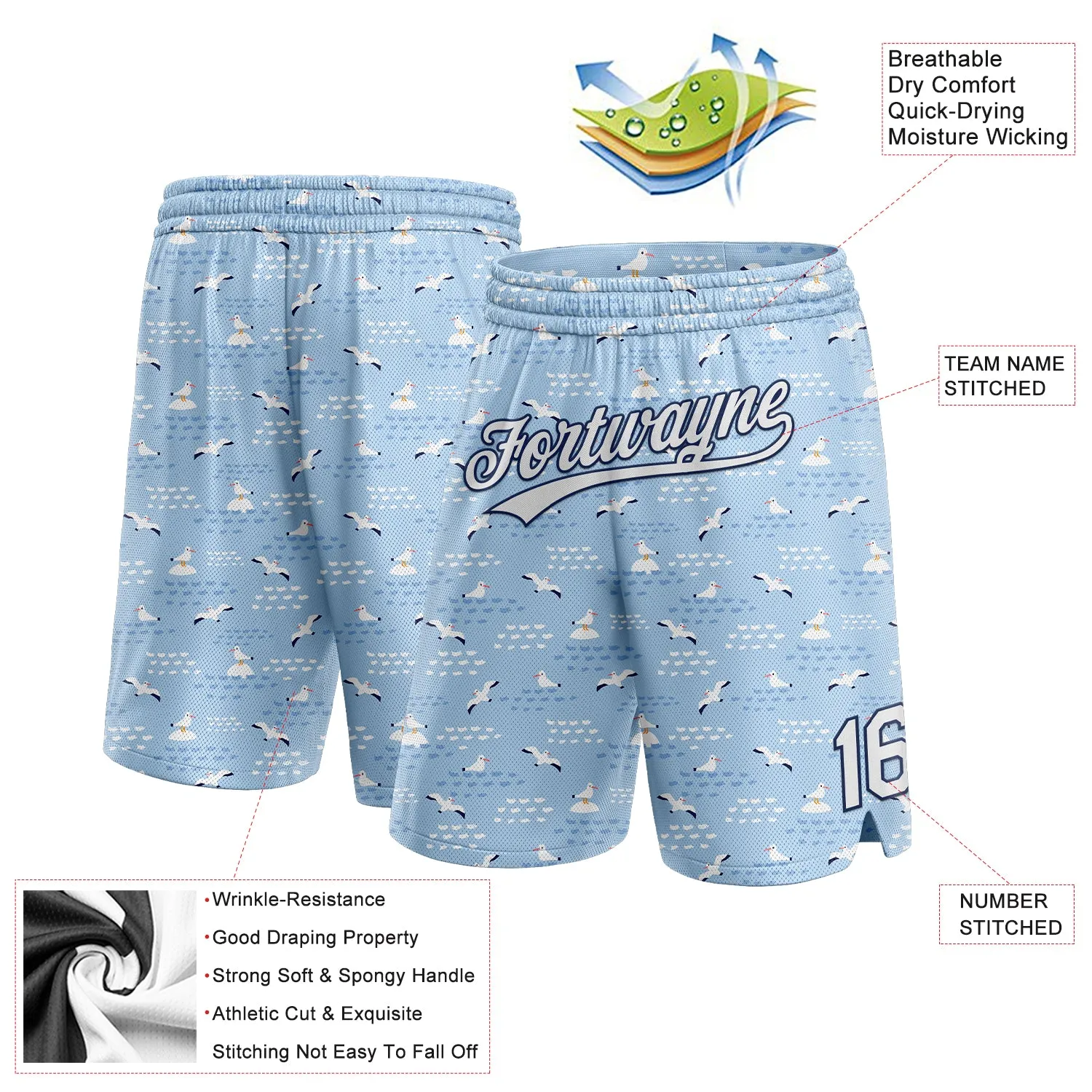 Custom Light Blue White-Navy 3D Pattern Seagulls Authentic Basketball Shorts