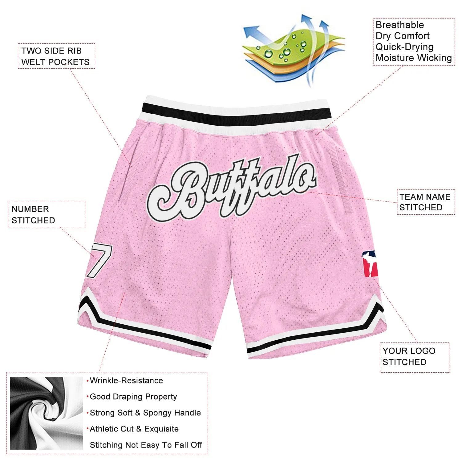 Custom Light Pink White-Black Authentic Throwback Basketball Shorts