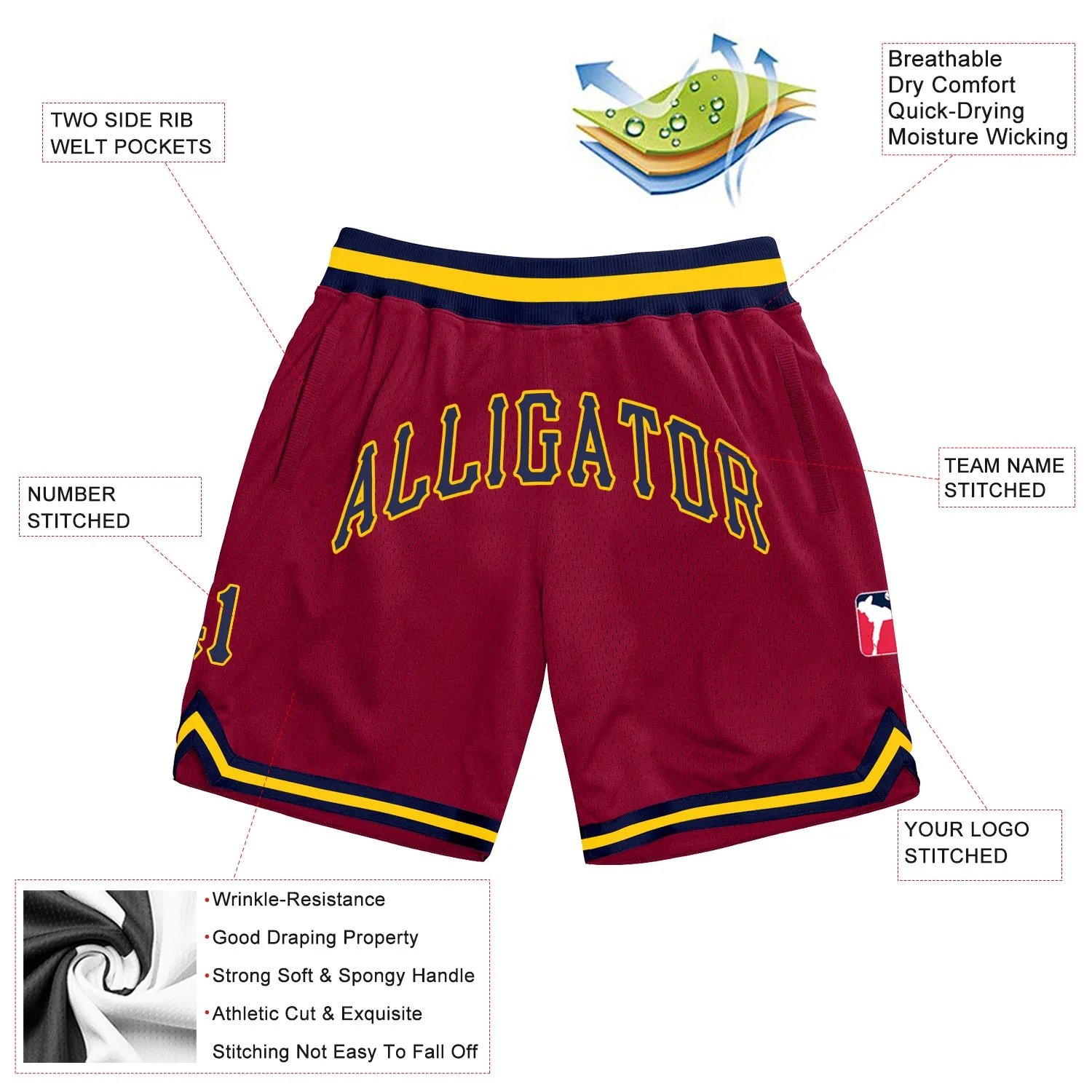 Custom Maroon Navy-Gold Authentic Throwback Basketball Shorts