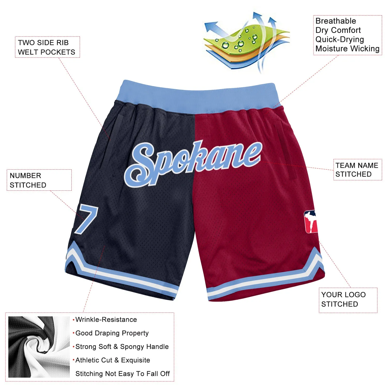 Custom Navy Light Blue-Maroon Authentic Throwback Split Fashion Basketball Shorts