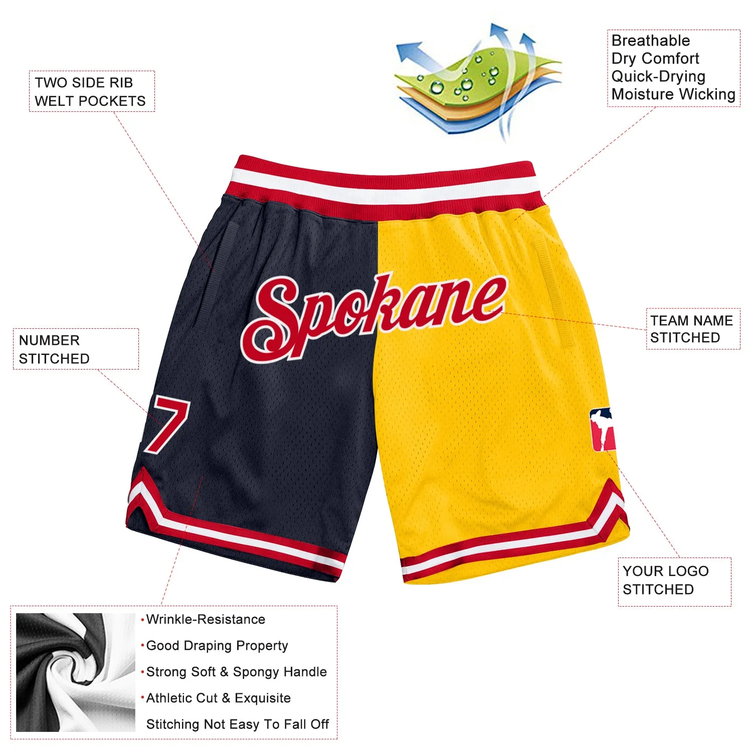 Custom Navy Red-Gold Authentic Throwback Split Fashion Basketball Shorts