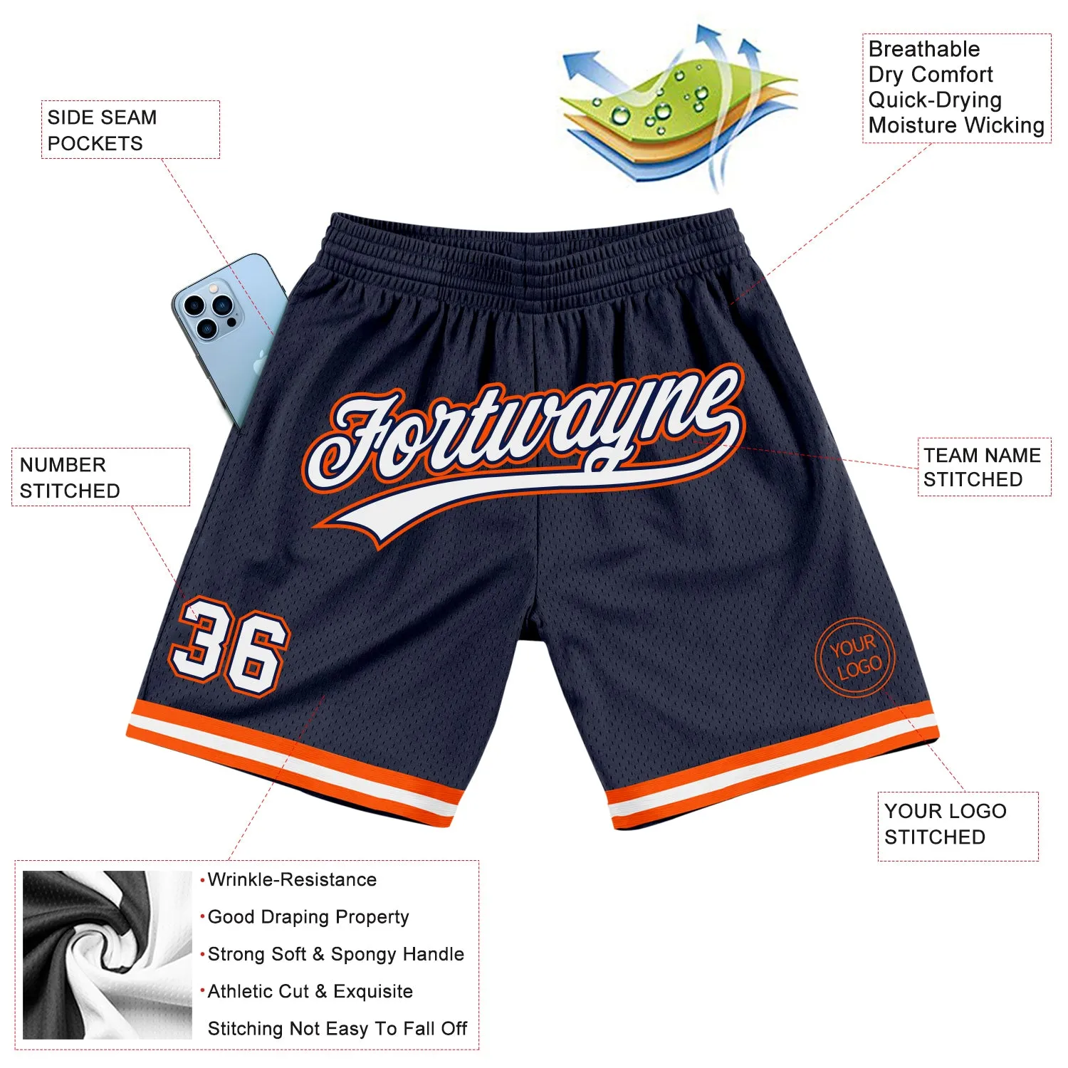 Custom Navy White-Orange Authentic Throwback Basketball Shorts