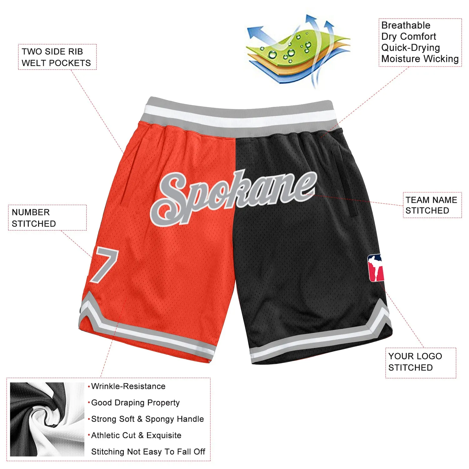 Custom Orange Gray-Black Authentic Throwback Split Fashion Basketball Shorts