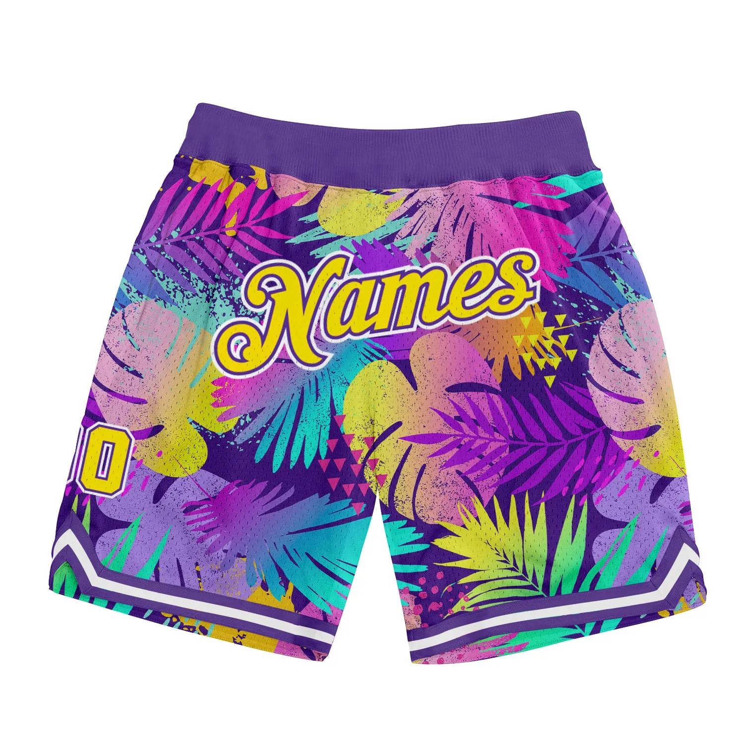 Custom Purple Gold-White 3D Pattern Design Tropical Palm Leaves Authentic Basketball Shorts