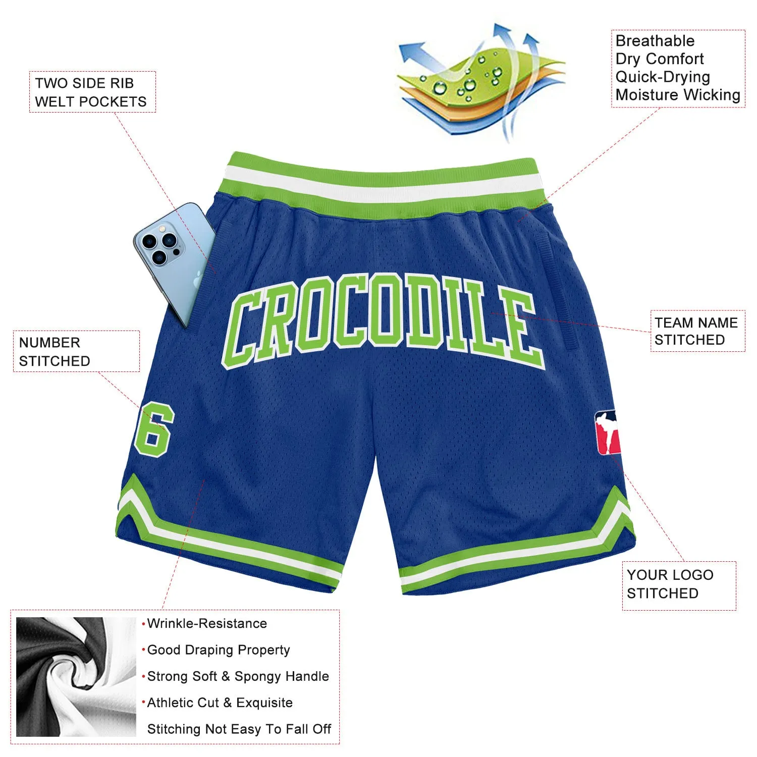 Custom Royal Neon Green-White Authentic Throwback Basketball Shorts