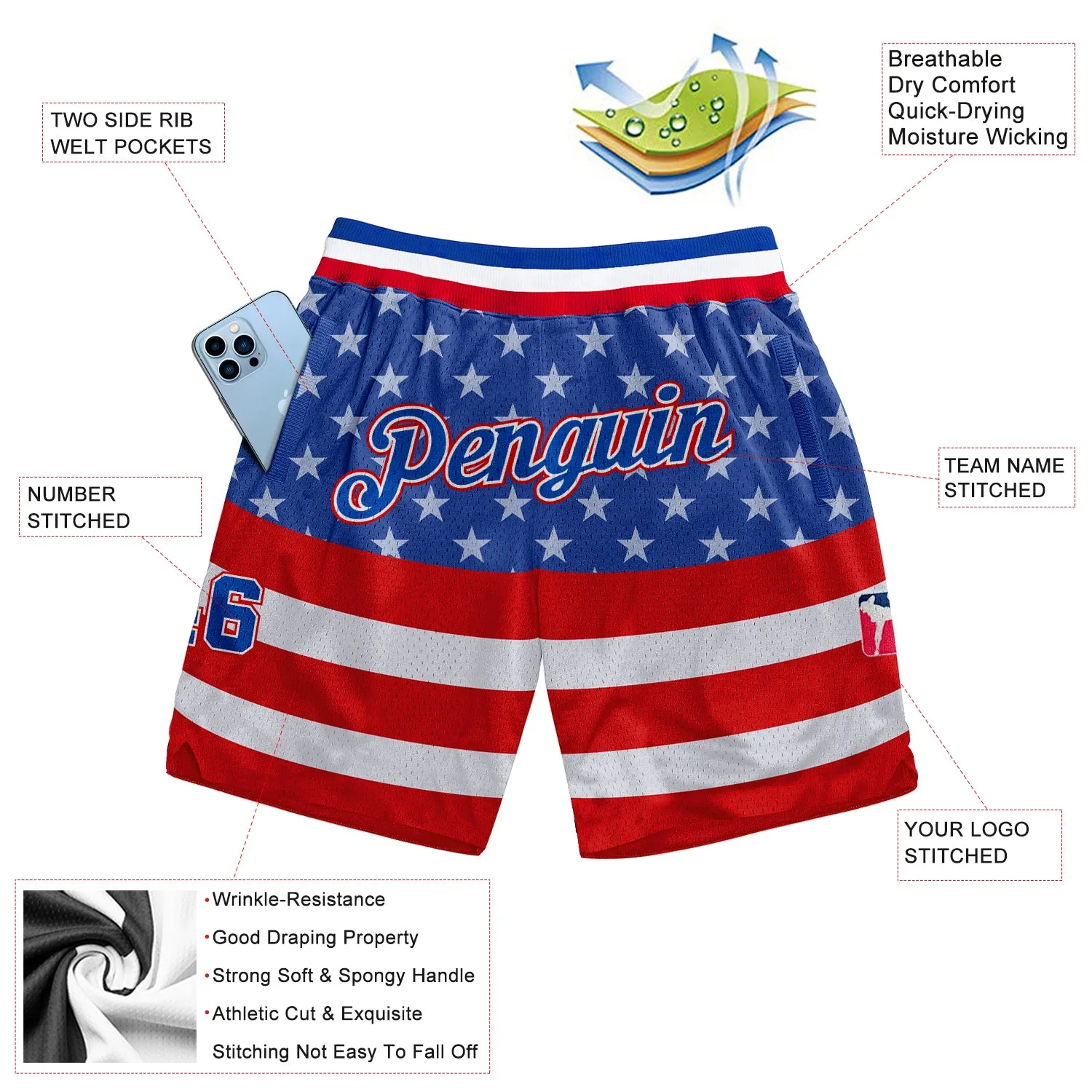 Custom Royal Royal-Red 3D Pattern Design American Flag Authentic Basketball Shorts