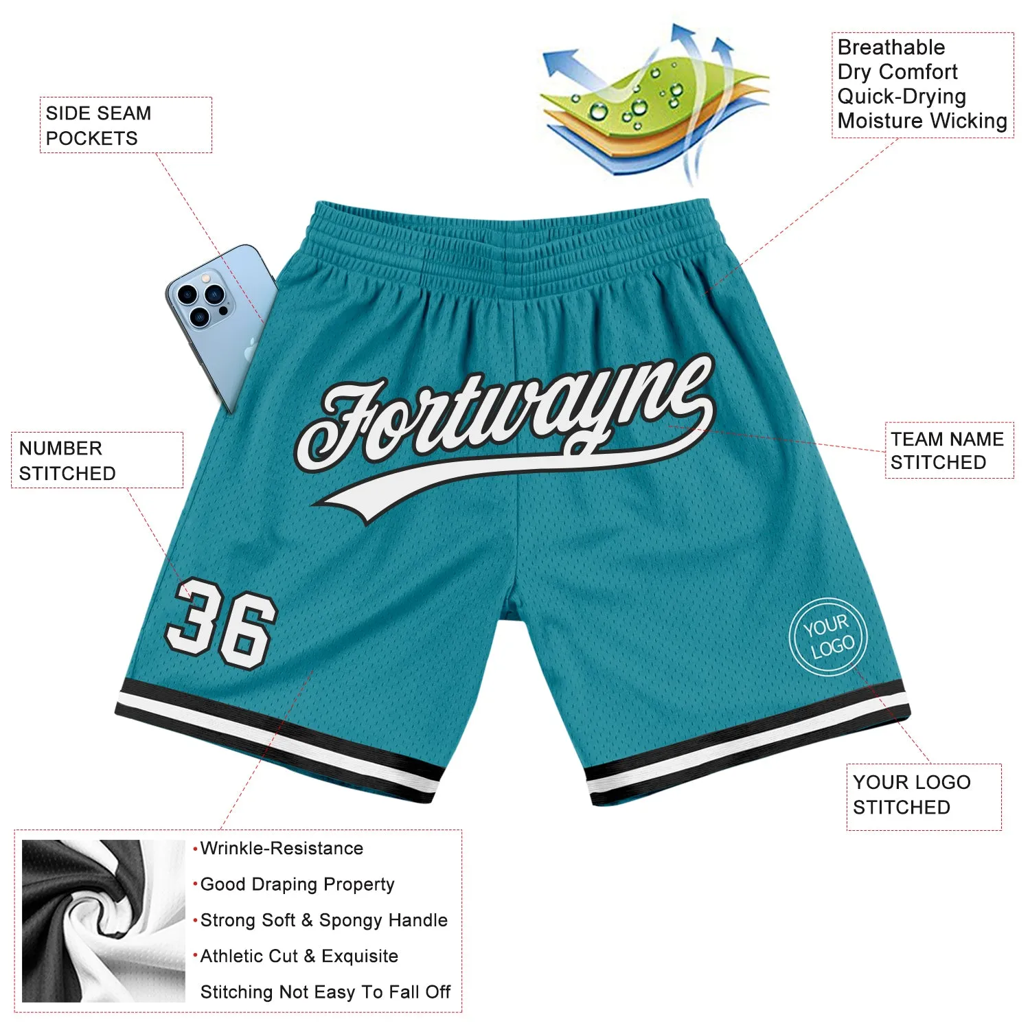 Custom Teal White-Black Authentic Throwback Basketball Shorts