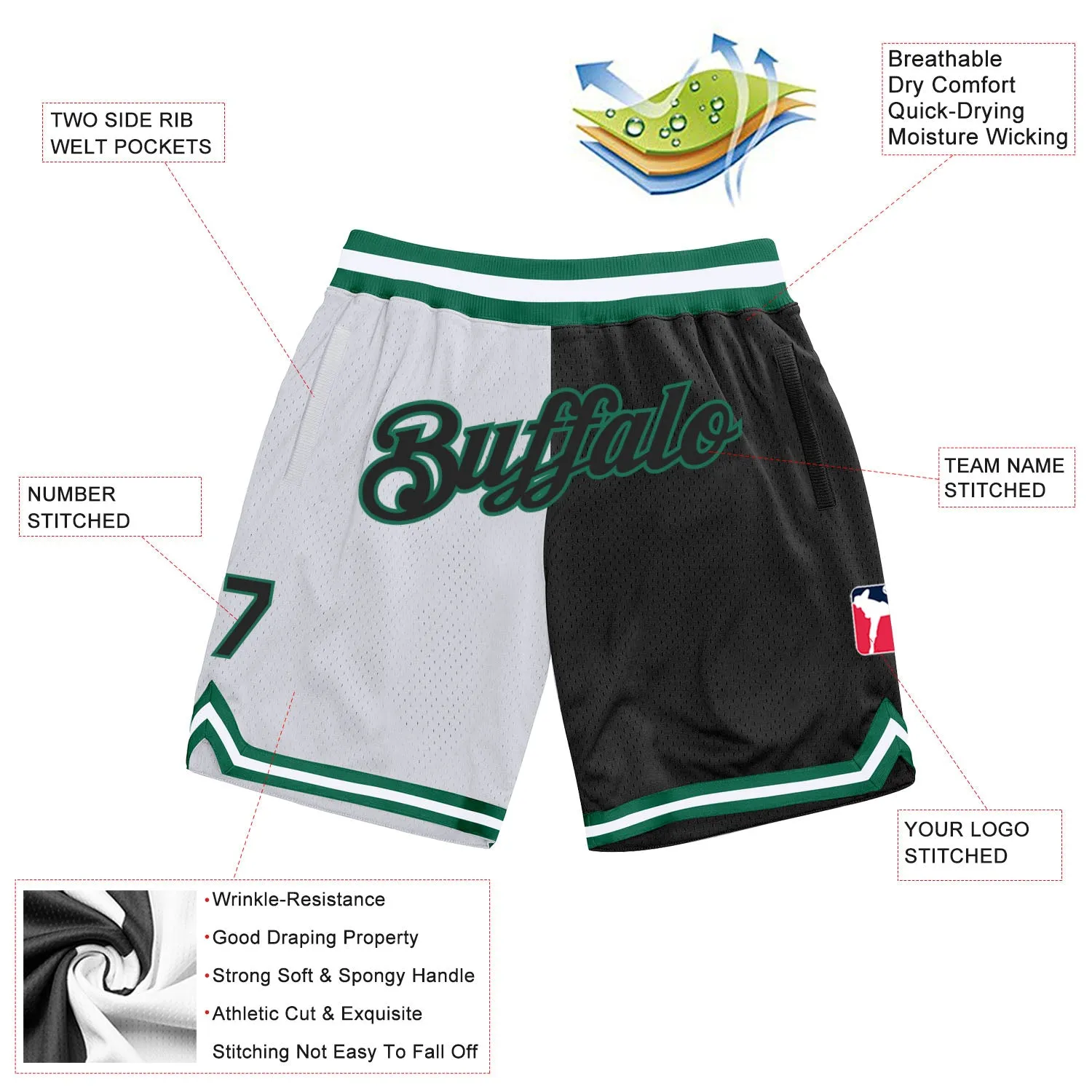 Custom White Black-Kelly Green Authentic Throwback Split Fashion Basketball Shorts