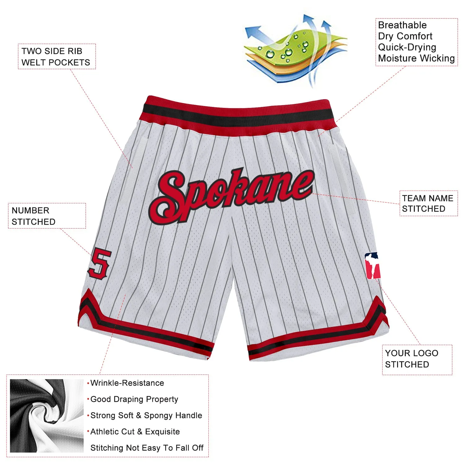 Custom White Black Pinstripe Red-Black Authentic Basketball Shorts