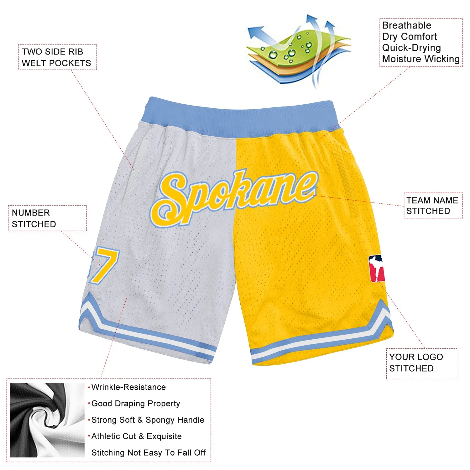 Custom White Gold-Light Blue Authentic Throwback Split Fashion Basketball Shorts