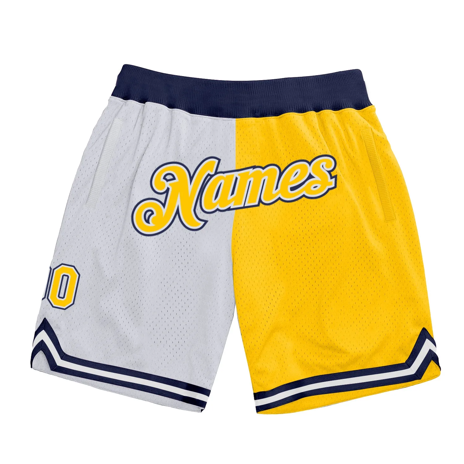 Custom White Gold-Navy Authentic Throwback Split Fashion Basketball Shorts