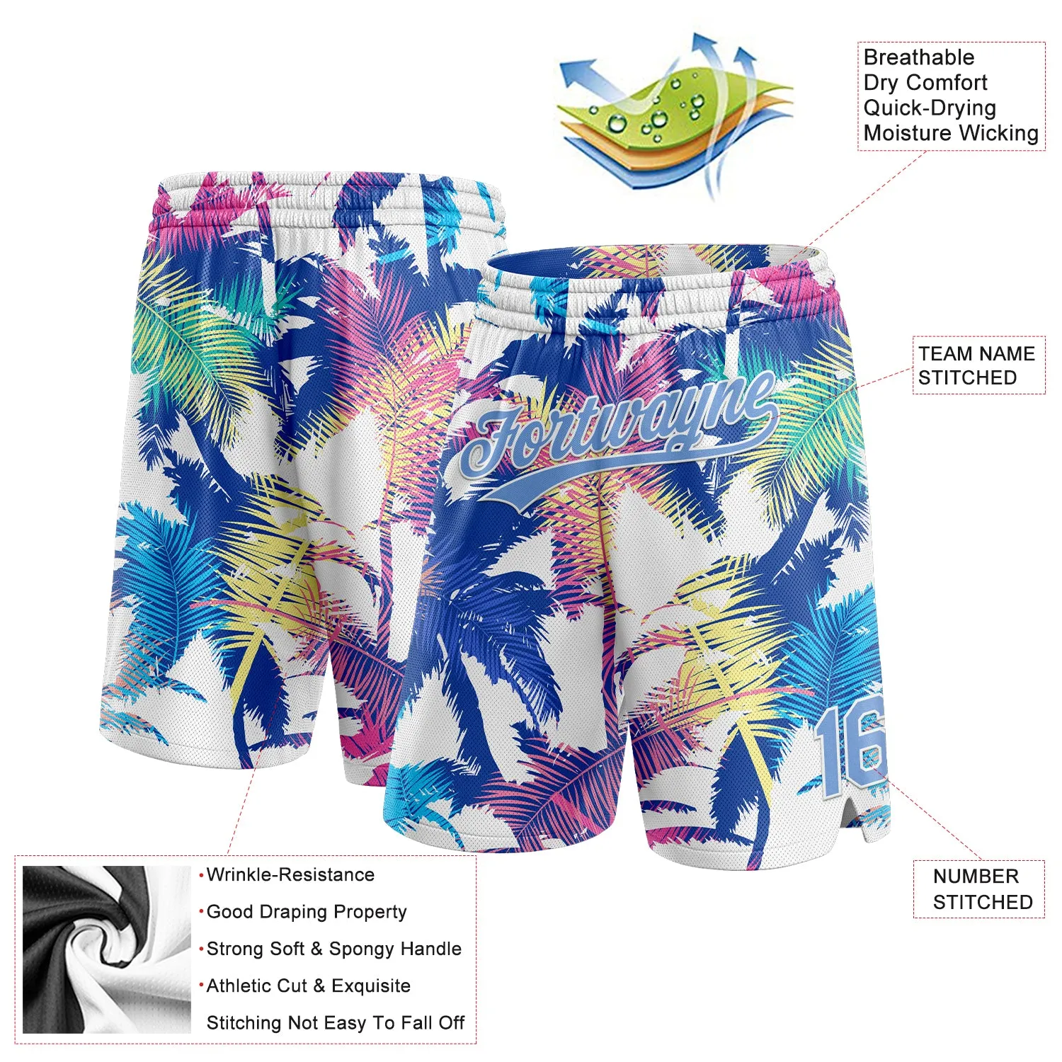 Custom White Light Blue 3D Pattern Hawaii Palm Trees Authentic Basketball Shorts