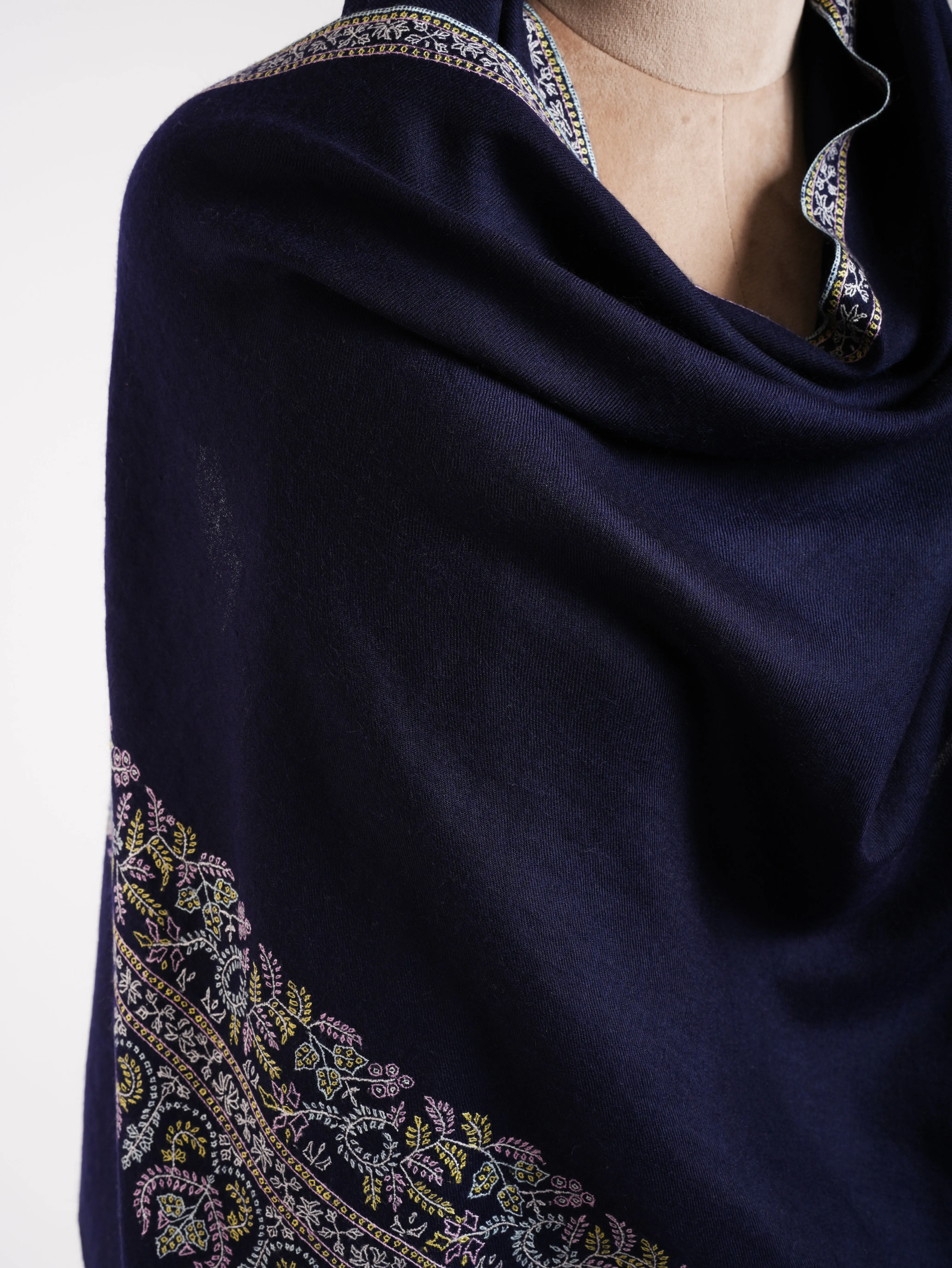 Dark Blue Hand Embroidered Kashmiri Pashmina Shawl