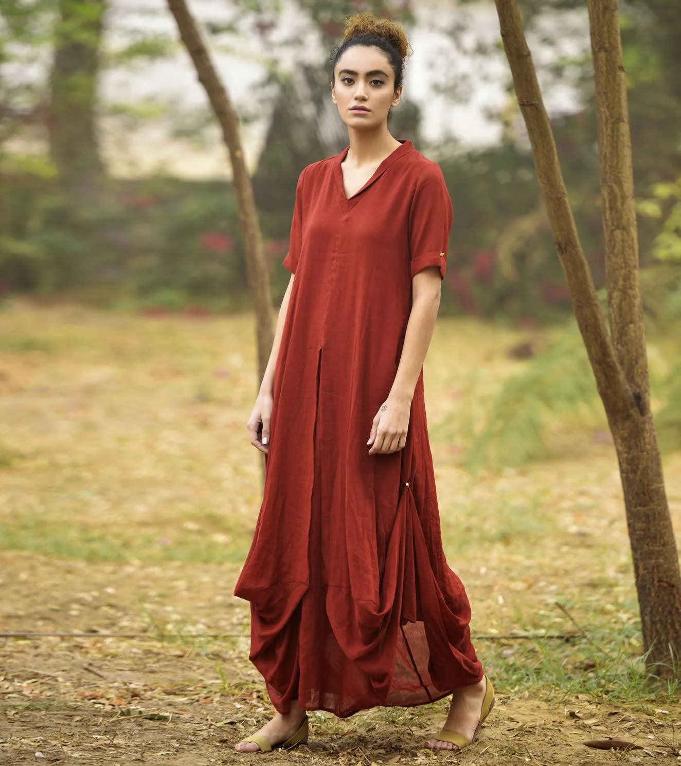 DEEP RED LOVE COWL AND DRAPE DRESS