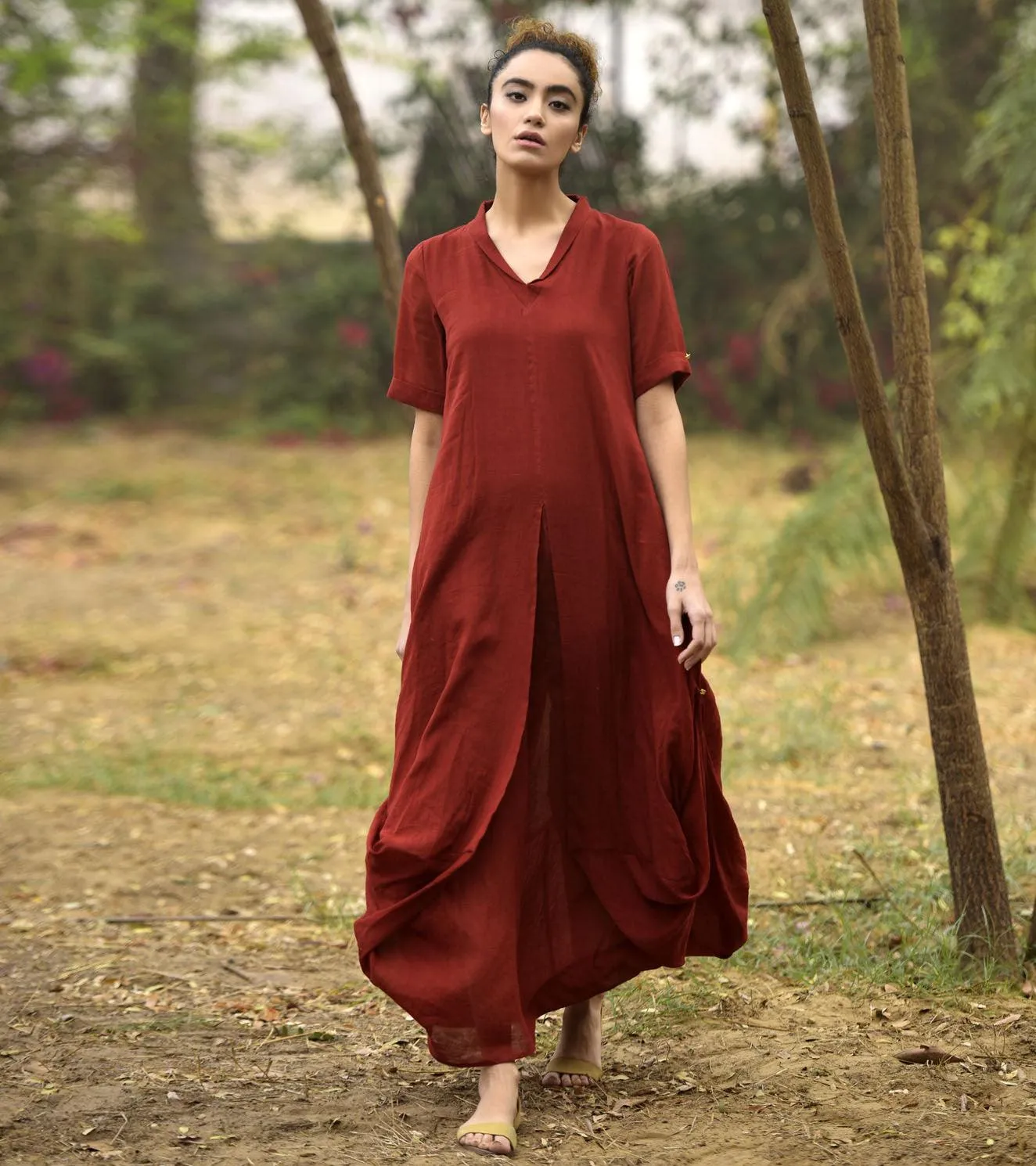 DEEP RED LOVE COWL AND DRAPE DRESS