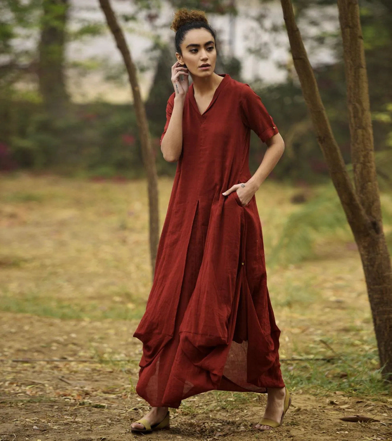 DEEP RED LOVE COWL AND DRAPE DRESS