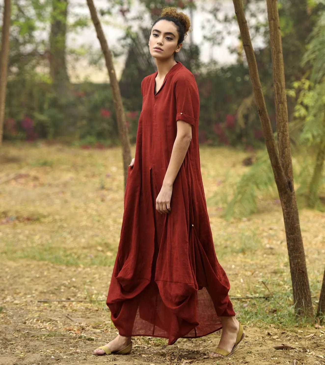 DEEP RED LOVE COWL AND DRAPE DRESS