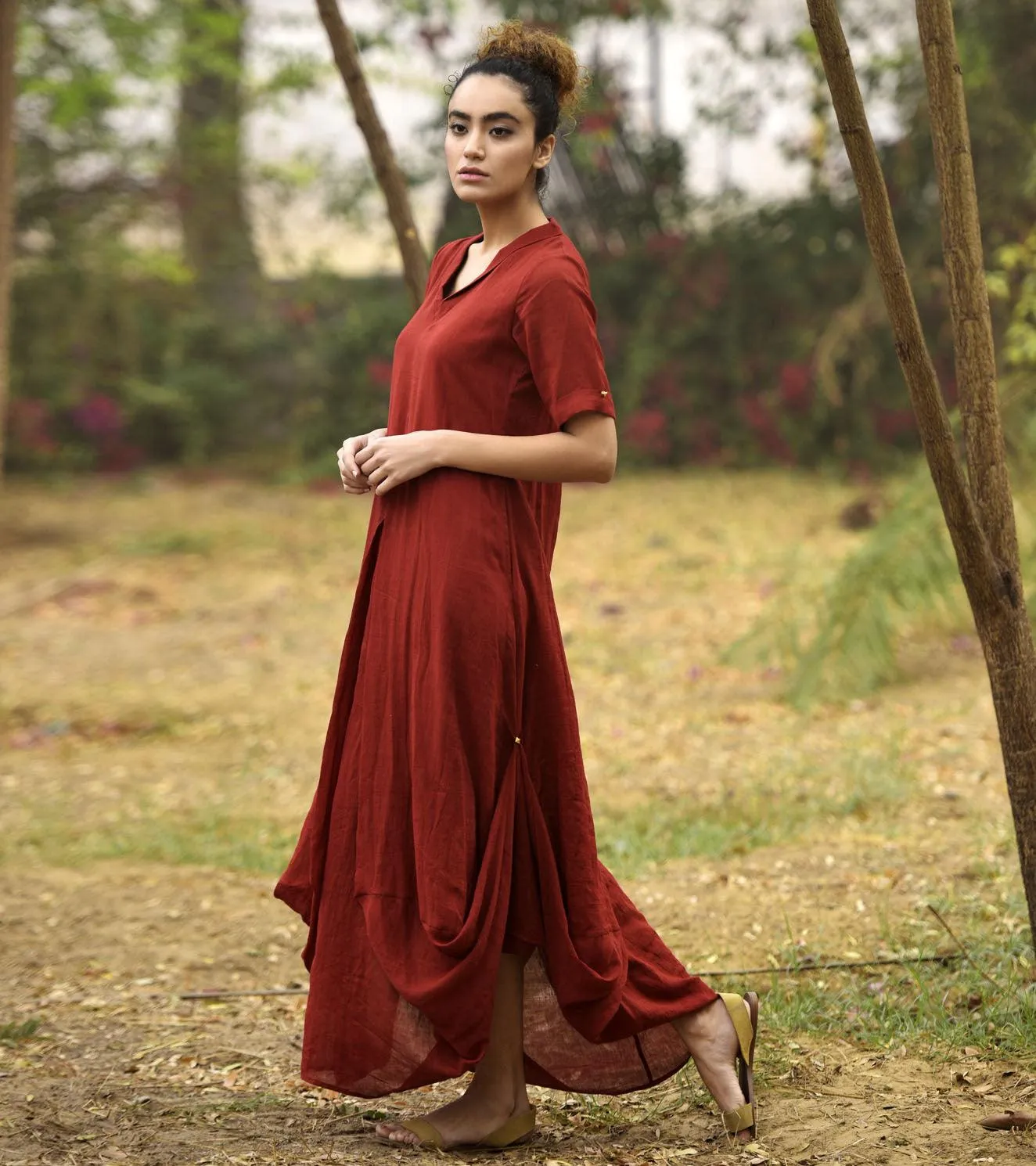 DEEP RED LOVE COWL AND DRAPE DRESS