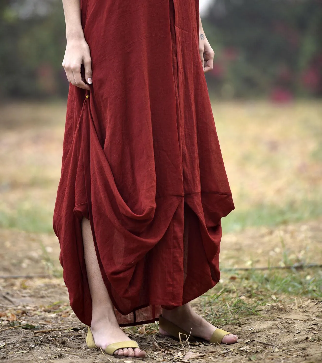 DEEP RED LOVE COWL AND DRAPE DRESS