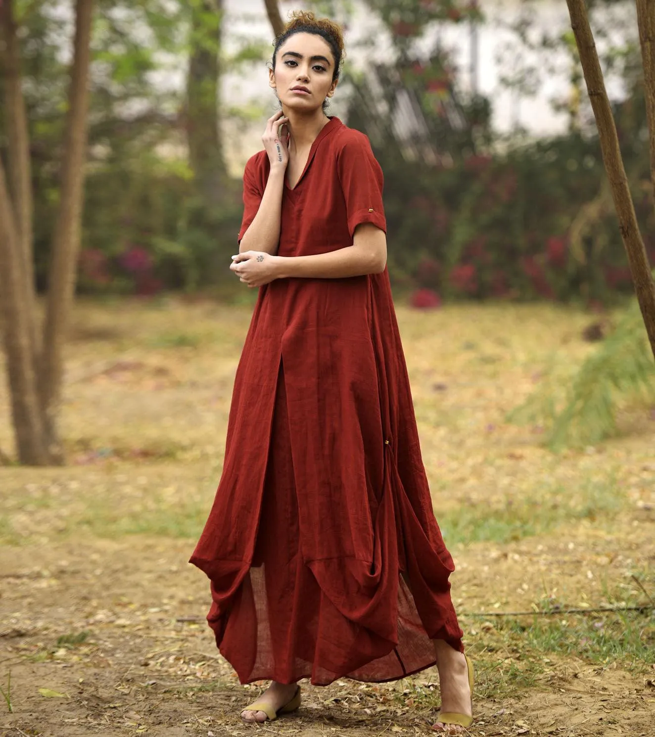 DEEP RED LOVE COWL AND DRAPE DRESS