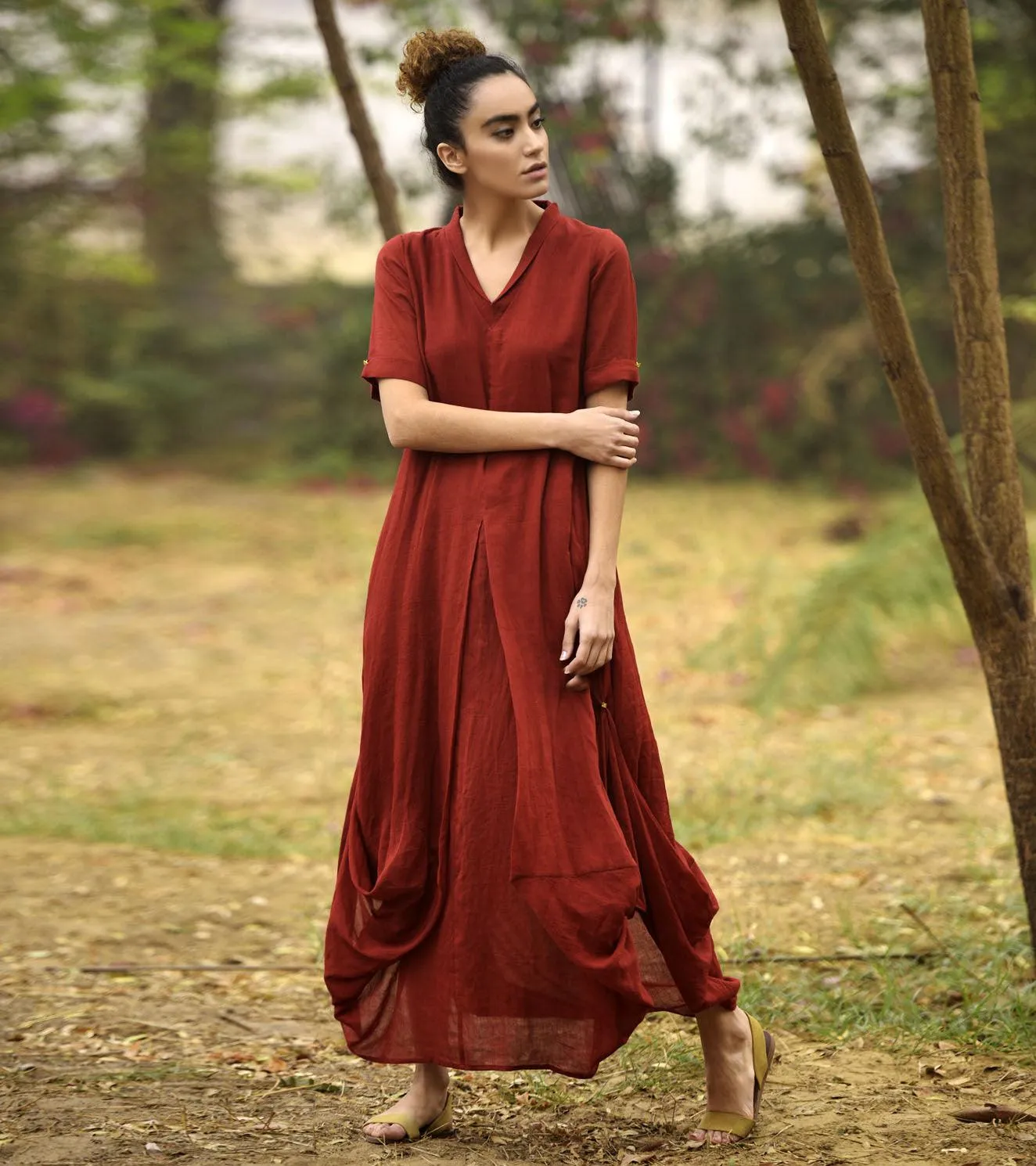 DEEP RED LOVE COWL AND DRAPE DRESS