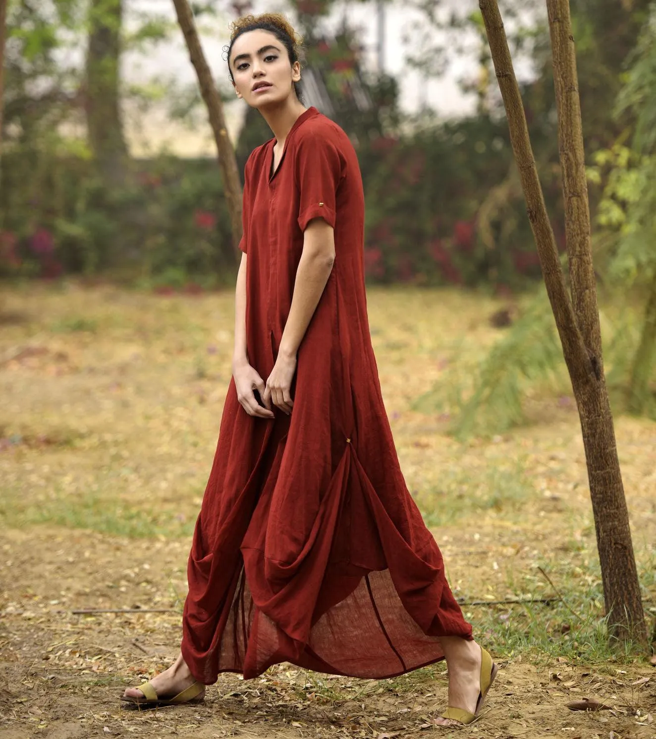 DEEP RED LOVE COWL AND DRAPE DRESS